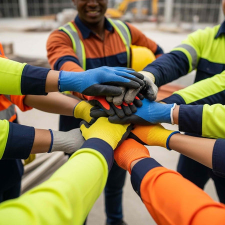 A group of construction workers stacking their hands in a symbol of teamwork and unityの写真素材
