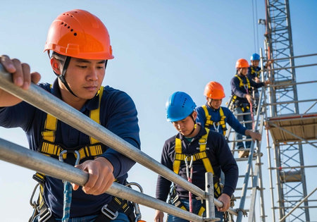 A group of construction workers wearing safety gear climbing a metal ladderの写真素材