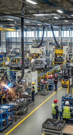 A bustling industrial factory with workers and machinery in a large warehouse space