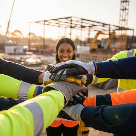 A group of construction workers stacking their hands in a symbol of teamwork and unityの写真素材