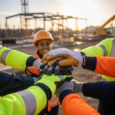 A group of construction workers stacking their hands in a symbol of teamwork and unityの写真素材