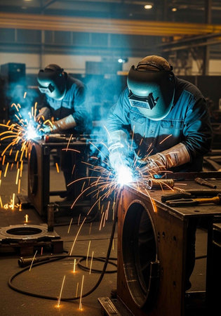 Two welders working on metal projects in a factory with sparks flying everywhere