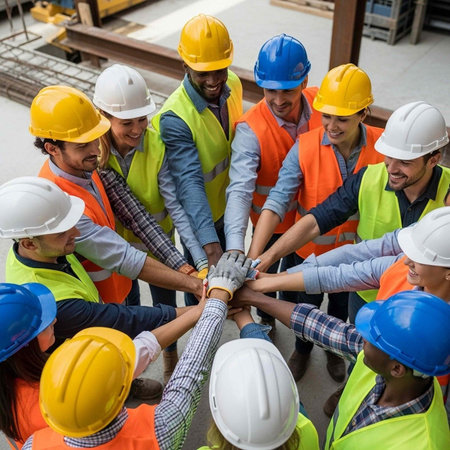 A diverse group of construction workers wearing hard hats and vests standing togetherの写真素材