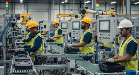 Industrial workers in a factory setting with machinery and equipmentの写真素材