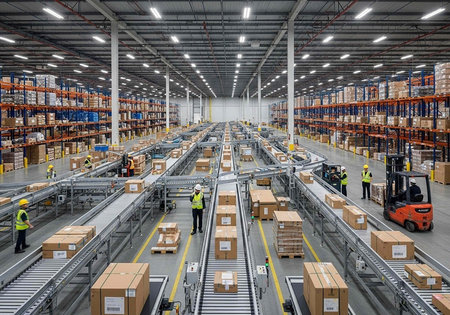 A large warehouse with workers and conveyor belts moving boxes and packages efficiently