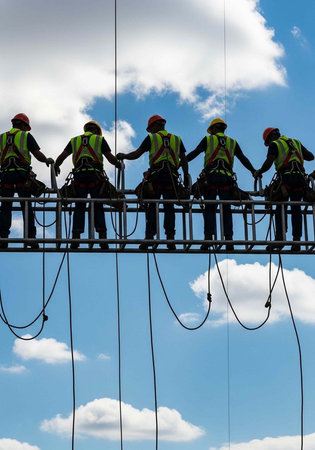 A group of construction workers in safety gear working on a high platformの写真素材