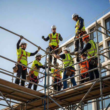 Construction workers in high visibility vests working on scaffolding at a building site