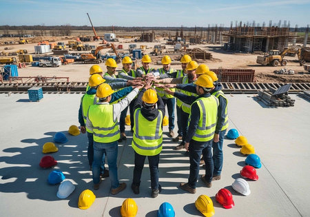 Group of construction workers holding hands on top of a building under construction
