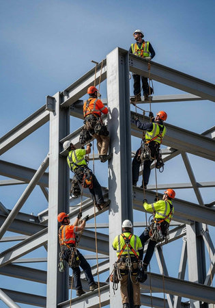 Construction workers in safety gear climbing a steel structure on a clear dayの写真素材