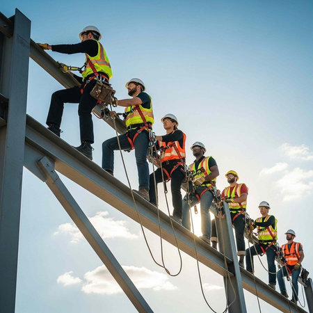 A team of construction workers in safety gear working on a metal structureの写真素材