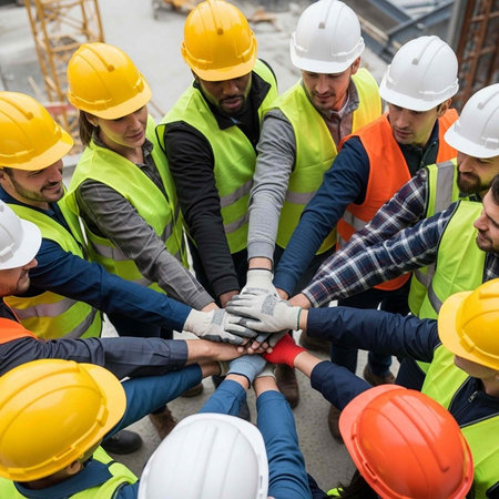 A group of construction workers wearing hard hats and vests putting their hands togetherの写真素材