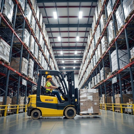 A warehouse worker operating a forklift in a large storage facility with shelving unitsの写真素材