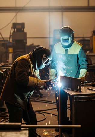 Two welders working together in a factory with sparks flying everywhere around them