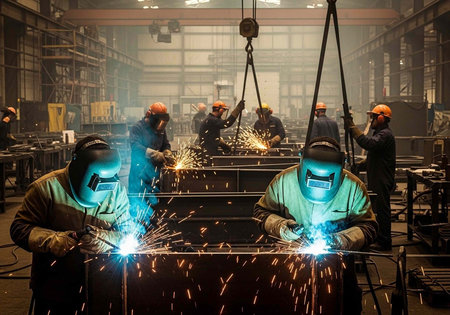 Industrial workers welding metal in a factory with sparks flying everywhere