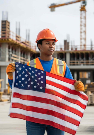 A construction worker proudly holding an American flag on a building siteの写真素材