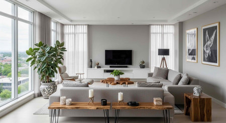 A modern living room with a gray sectional couch, wooden coffee tables, and a large plant, featuring...
