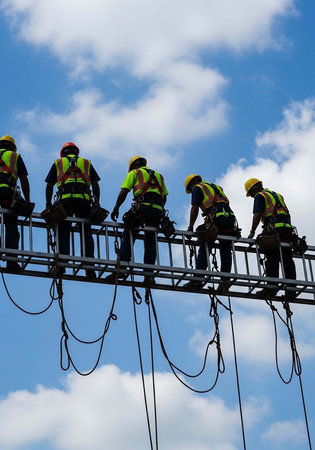 A group of construction workers in safety gear working on a high metal structureの写真素材