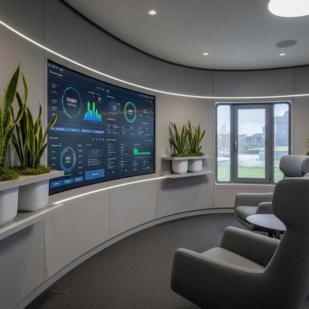 A sleek, modern office room featuring a large screen display, comfortable gray chairs, and potted plants, with a view of the outdoors through a large window.の写真素材