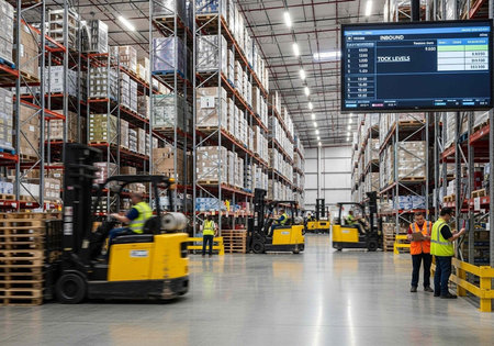 A busy warehouse with forklifts and workers moving boxes and pallets efficiently