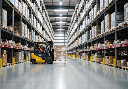 Forklift in warehouse. Warehouse interior with shelves and racks.の写真素材