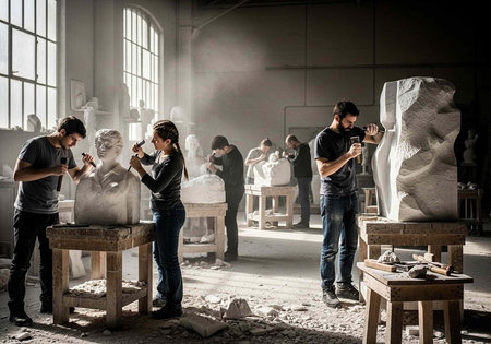 People working on sculptures in a large room with high ceilings and windows, surrounded by marble statues and tools.の写真素材