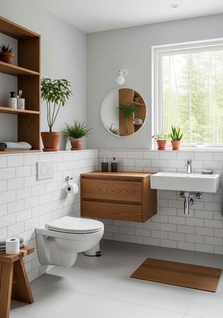 A clean and minimalist bathroom with white subway tiles, wooden furniture, and a variety of potted plants adding a touch of greenery.の写真素材