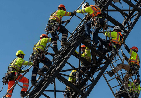 A group of workers wearing high-visibility jackets, hard hats, and safety harnesses climb a large metal tower against a clear blue sky.の写真素材
