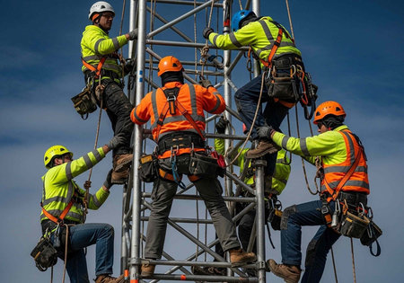 Workers in high-visibility jackets and helmets ascend scaffolding, secured with ropes and harnesses, against a blue sky with clouds.の写真素材