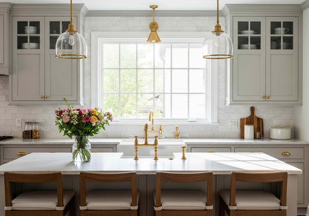 A sleek kitchen with white cabinets, gold hardware, and a large island featuring a vase of flowers,...