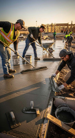 Men in safety gear working on a wet concrete floor with tools and equipment on a construction site.の写真素材