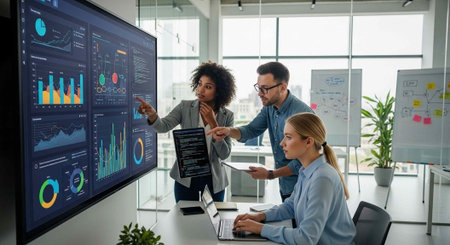 Three professionals in a contemporary office examine colorful graphs and charts on a large screen.