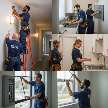 A collage of maintenance workers in uniform, engaged in tasks like lighting installation, plumbing, and electrical work in different rooms of a house.の写真素材