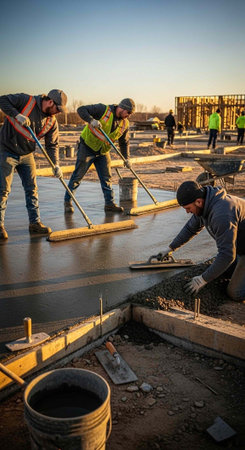 Construction workers in safety gear using tools to finish and smooth a concrete floor on a building site with a clear sky in the background.の写真素材