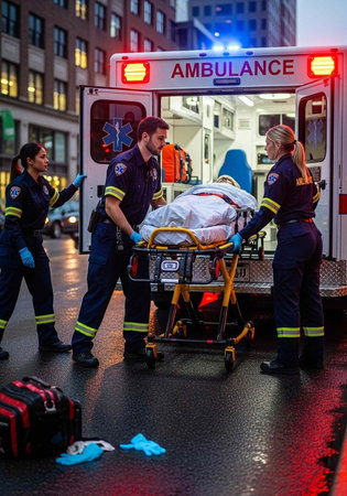 Paramedics in uniform moving patient on stretcher towards ambulance with red lights on, in urban setting with buildings in background.の写真素材