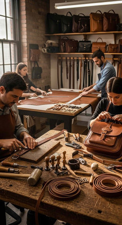 A group of focused artisans working on leather projects in a well-equipped workshop with various tools and materials.の写真素材