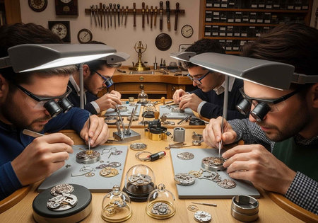 Four watchmakers wearing magnifying lamps on their heads work intently on assembling or repairing watches on a wooden workbench with various tools and components.の写真素材