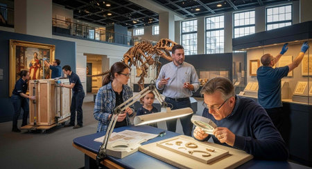 Museum staff and visitors examine artifacts at a table with a lamp, surrounded by exhibits and a dinosaur skeleton in a large, well-lit museum space.の写真素材