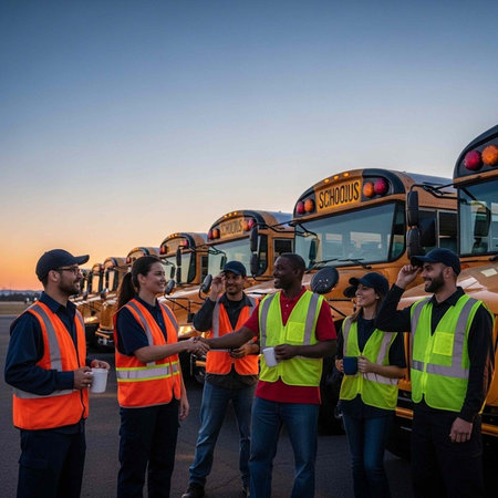 Seven people wearing orange and yellow safety vests stand in front of a line of yellow school buses,...