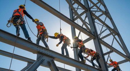 Construction workers in orange vests and hard hats working on a steel structureの写真素材