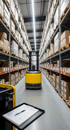 A forklift is parked in a large warehouse with many shelves of boxes and palletsの写真素材