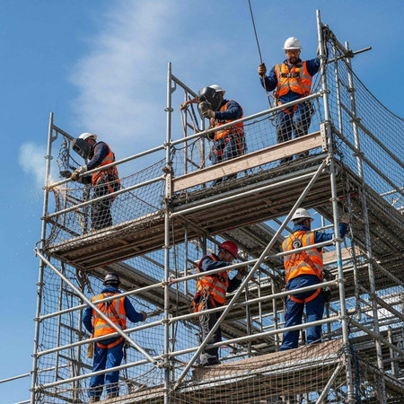 Construction workers in orange vests and hard hats on a metal scaffolding structure