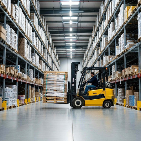 A warehouse worker operates a forklift among rows of shelved boxes and pallets.の写真素材
