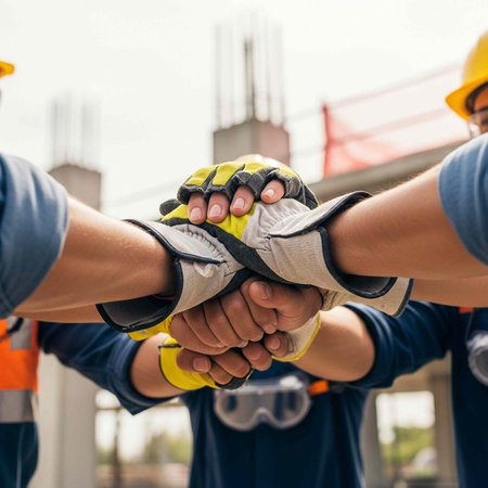 Construction workers stacking their hands in a symbol of teamwork and unityの写真素材