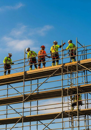 Construction workers in high visibility gear on scaffolding against a blue skyの写真素材