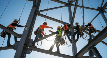 A team of construction workers in safety gear working on a metal structureの写真素材