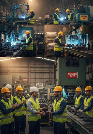 A group of industrial workers in safety gear collaborating in a factory setting