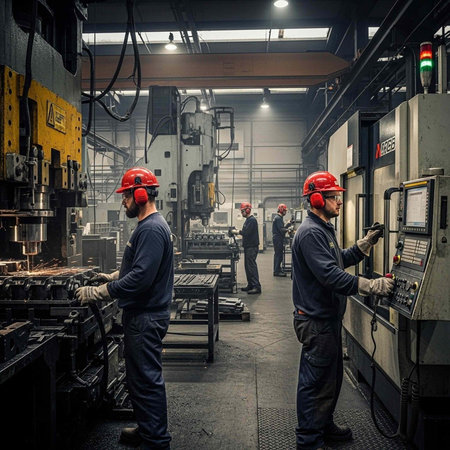 Industrial workers operating heavy machinery in a modern factory setting with safety gearの写真素材