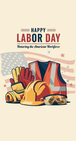 A colorful illustration celebrating Labor Day with American flag and work toolsの写真素材