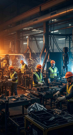 Industrial workers in a factory setting with safety gear and machinery