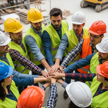 A group of construction workers wearing hard hats and vests putting their hands together